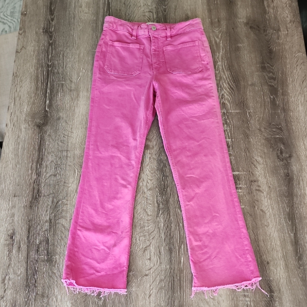 ZARA The Sailor Vibrant Pink Denim Frayed Hem Cropped Jeans Size 2 - Picture 2 of 10
